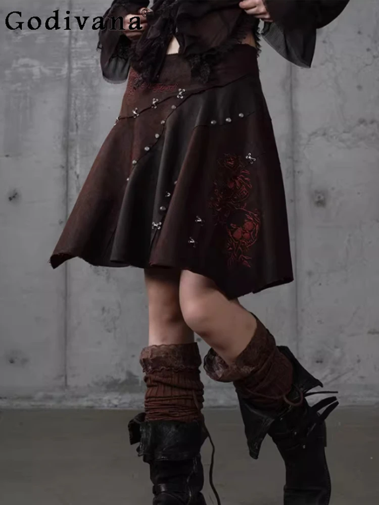 Spring Autumn Punk Heavy Industry Embroidery Irregular Skirt Fashion Girl Age-Reducing Street Brown Red Loose Leisure Skirts