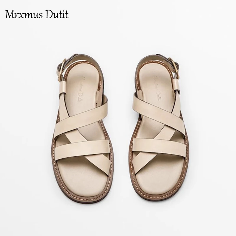 Mrxmus Dutit 2023 Spring Summer Fashion New Women Genuine Leather Round Head Flat Roman Sandals Simple Casual Shoes Female Chic