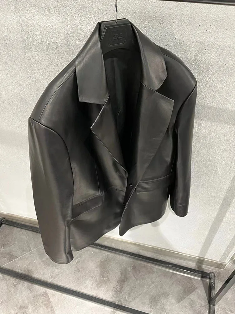 Chaqueta de piel de Oveja Negra para mujer, blazer Vintage de cuero suelto, ropa de calle para mujer, tendencia de moda Coreana de lujo 2023