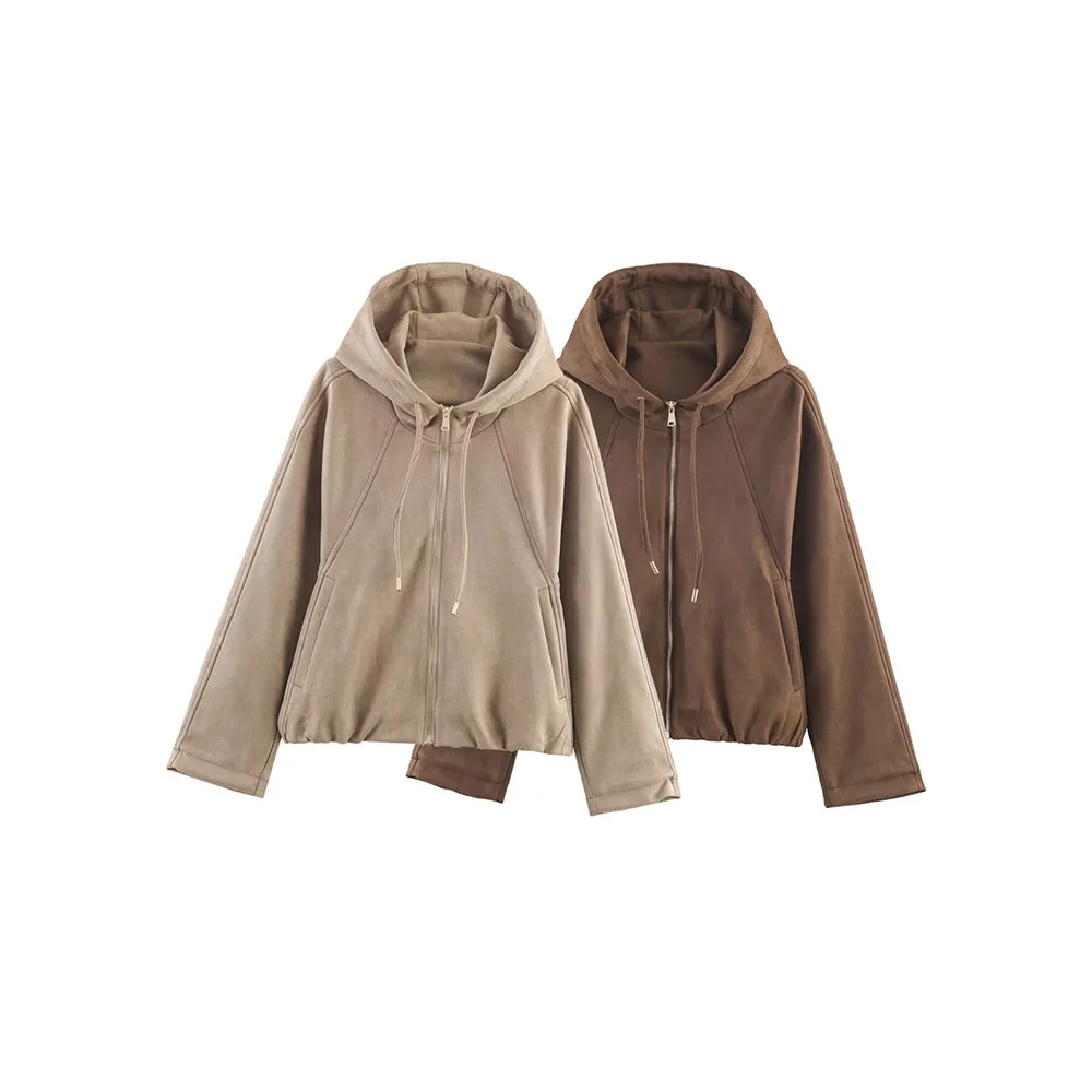 

Осенняя новая женская замшевая куртка-пилот с капюшоном и текстурой