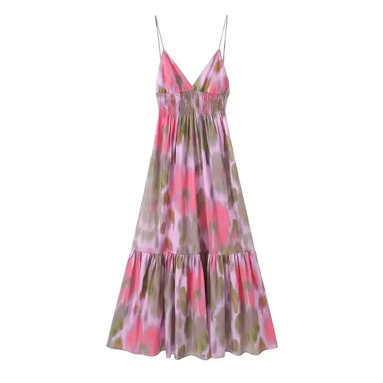 2023 férias elegante feminino vestido de praia com decote em v sem costas fino temperamento senhoras plissado uma linha vestidos sexy