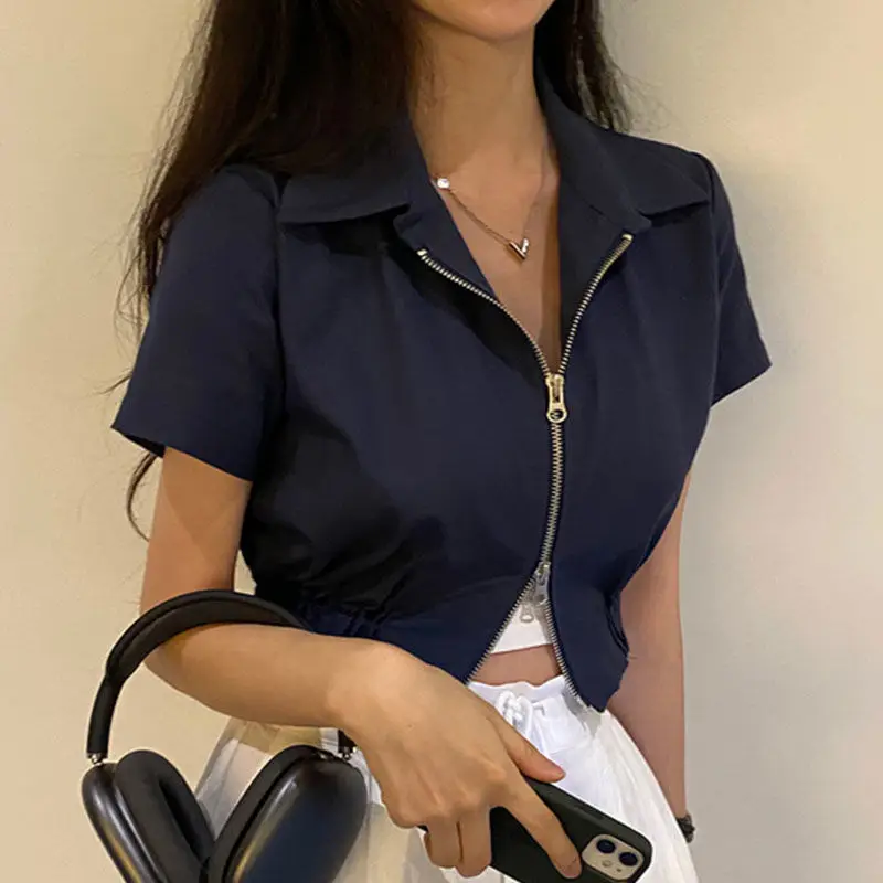 

Women Summer Korean Vintage Turn-down Collar Solid Color Short Sleeve Zipper Coat Ladies Simplicity All-match Office Lady Tops
