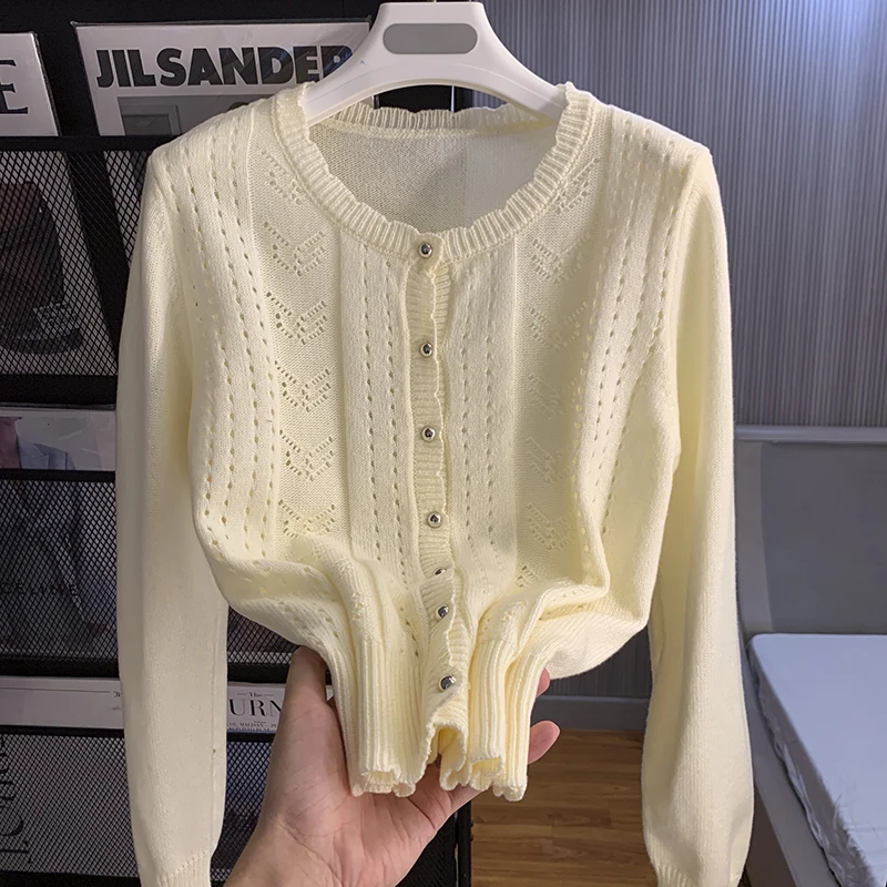 

ZhiJian Youji Women's Faion Hollow out Knitted Sweater Loose Cardigan Light Weight Spring Autumn Sweet Sle Long Sve