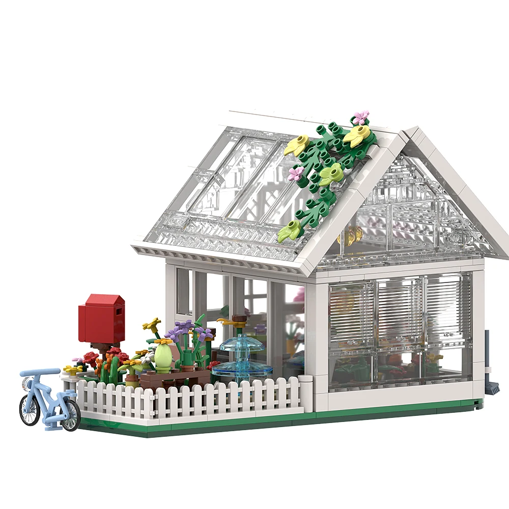 MOC Flower House Garden Building Set City Street Flower Shop Building Kits with Led Lights Flower Garden White Greenhouse Bricks