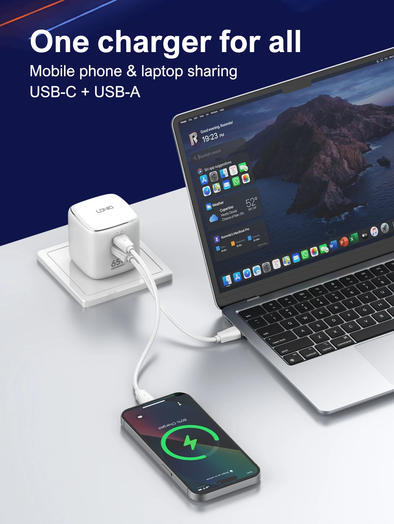 LDNIO 65 واط USB C شاحن GaN شاحن متعدد المنافذ نوع C محول السفر لماك بوك باد آيفون 15 14 برو ماكس Xiaomi غالاكسي S23