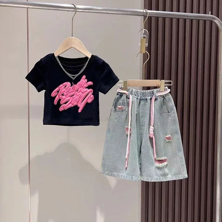 Girls summer set with 3D spray painted graffiti short sleeved T-shirt+ripped Hole denim shorts 2Pcs set Teenagers' casual outfit
