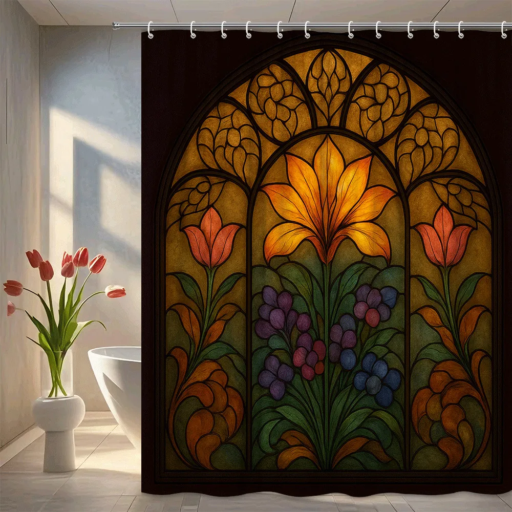 Stained Glass Window Shower Curtain Gothic Floral Design Orange Lily and Tulips Artistic Church Style Decor Waterproof non-toxic