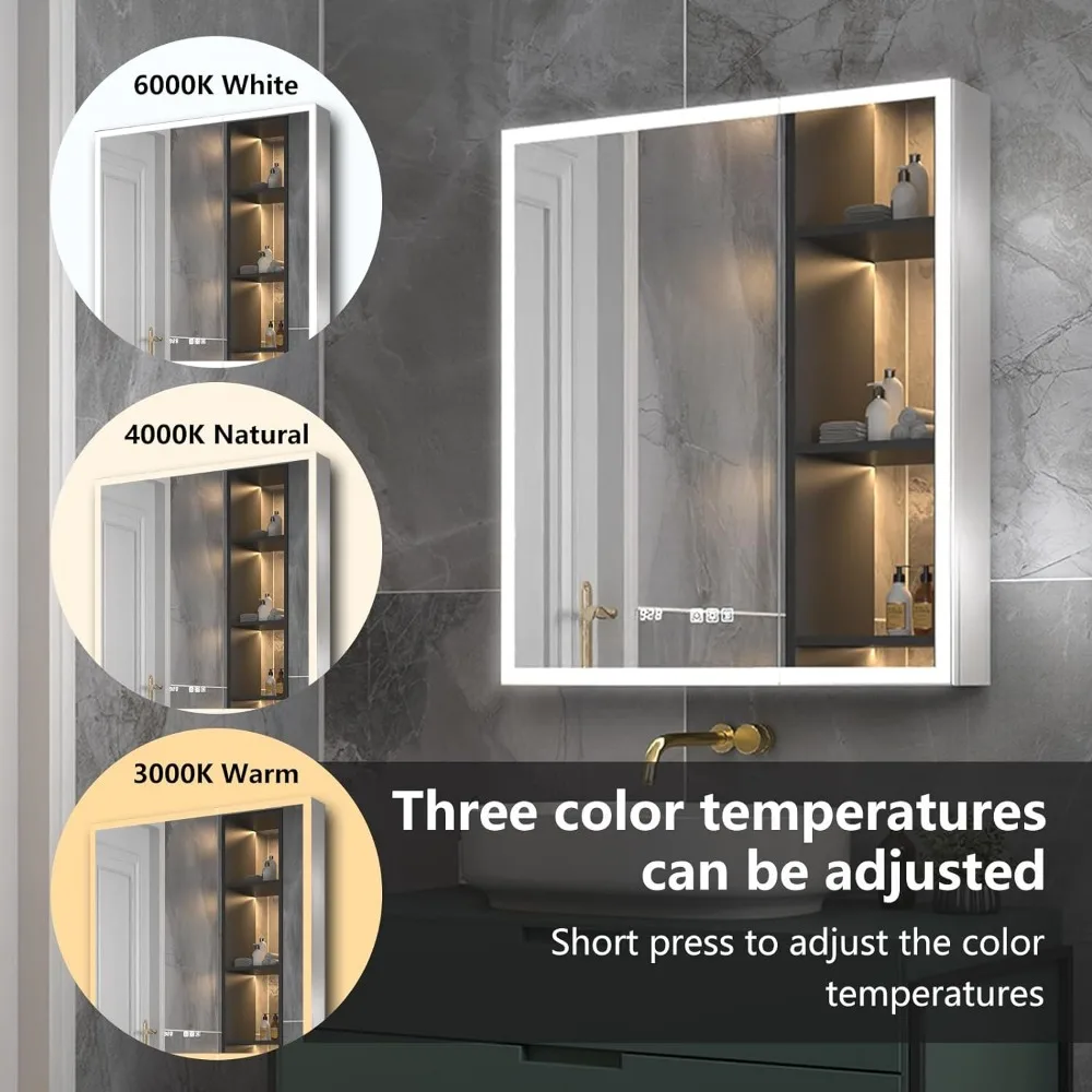 Lighted Medicine Cabinet 28x32 Inch,Recessed or Surface led Medicine Cabinet, Clock&Room Temp Display