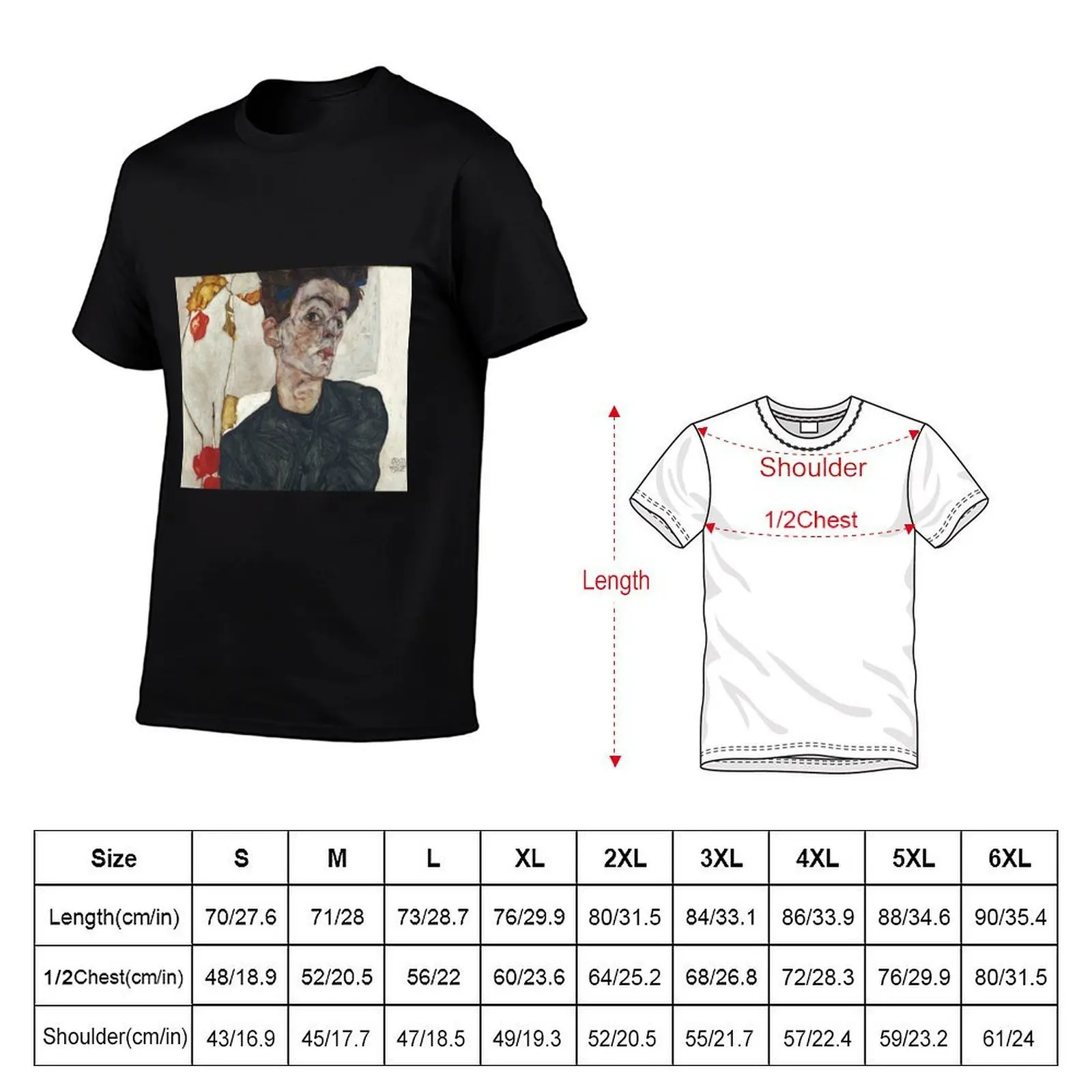 Egon Schiele Self-Portrait with Physalis, 1912 T-Shirt Large Size Casual Tee Shirt T-Shirt view 5