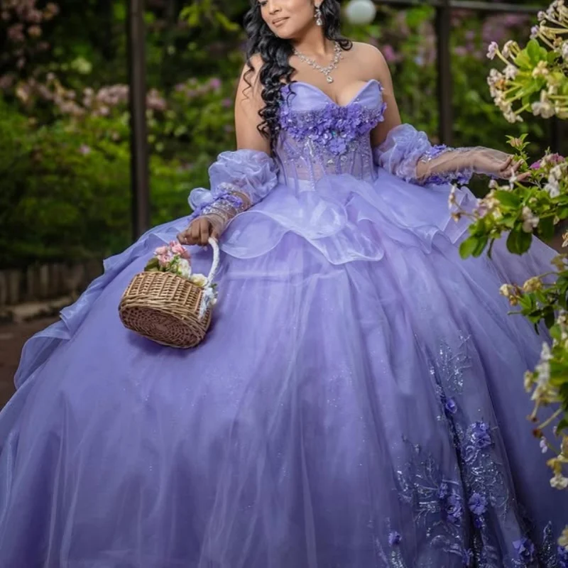 

Customized Purple Quinceanera Dresses Off the Shoulder Tull crystal 3D flower layering applique Lace Vestido De 15 Quinceanera