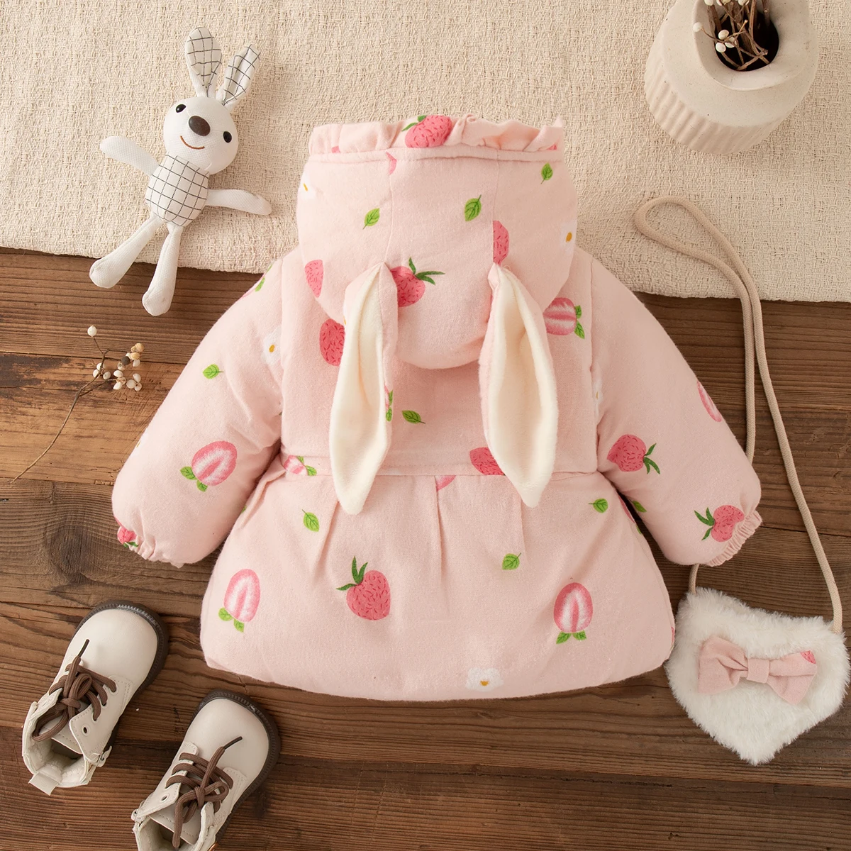Baby Mädchen Jacke Winter Baumwolle Obst Mit Kapuze Ohren Langarm Baby Mädchen Tops Cartoon Nette Plüsch Mädchen Jacke Baby Kleidung