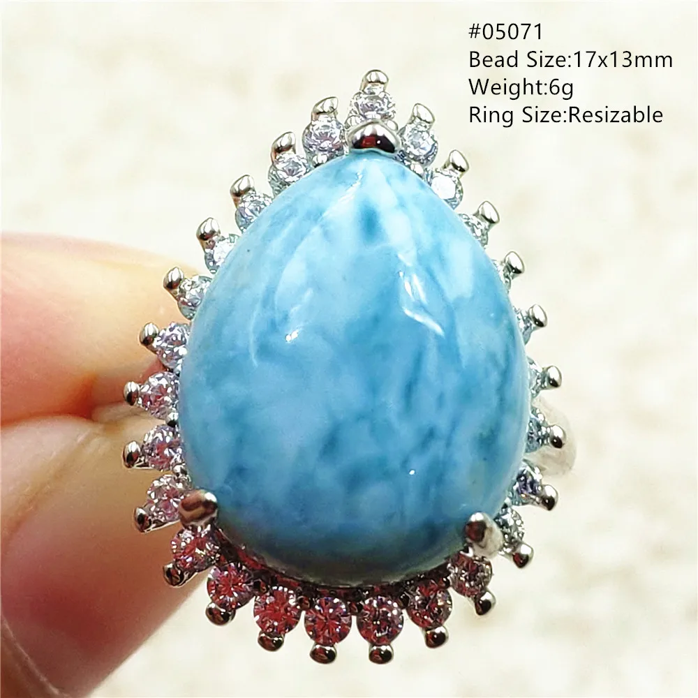 Natural Blue Larimar Adjustable Ring 925 Sterling Silver Larimar Gemstone Women Men Water Pattern AAAAA