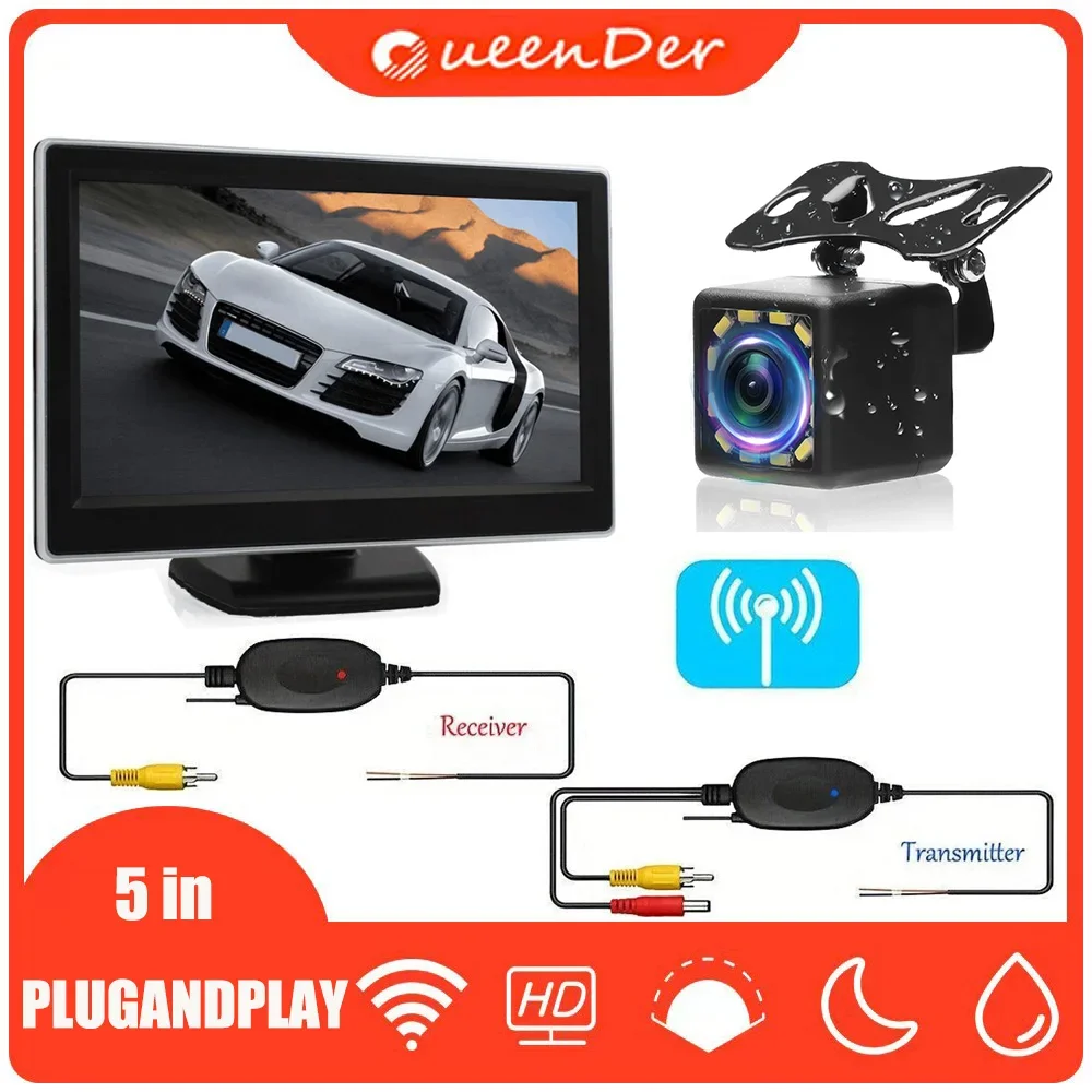 QueenDer Estilo de carro sem fio 5 polegadas TFT LCD Tela Monitor de carro para câmera de backup reversa de visão traseira Exibição de TV de carro