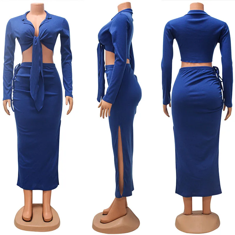 Elegant Blue ถัก Night Party ผู้หญิง2ชิ้นกระโปรงผู้หญิงแขนยาว V คอ Crop TOP และ LACE-up ruched Slit MIDI ชุดชุด