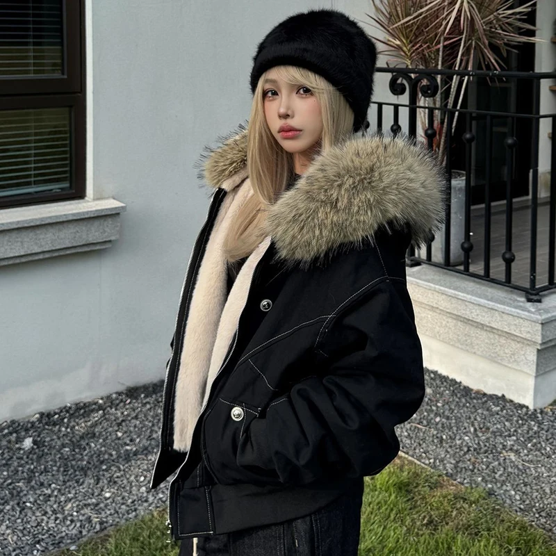 سترات نسائية كلاسيكية بقلنسوة ملابس شتوية سميكة وسحاب وياقة من الفرو معاطف منتفخة Y2K هوتي بأكمام طويلة ملابس خارجية غير رسمية من Preppy