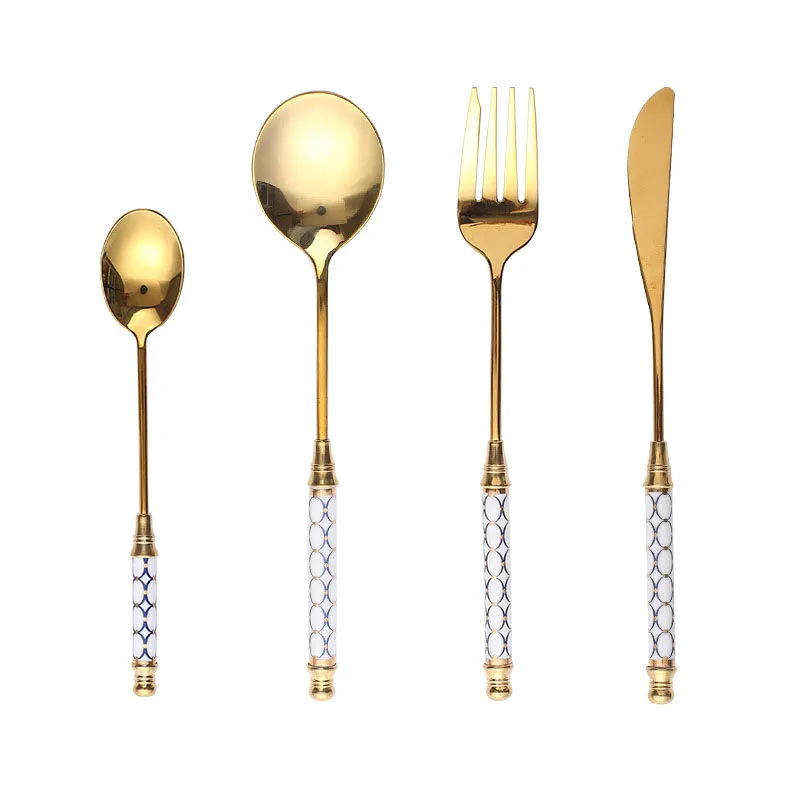 Luxury Mirror Gold Western Tableware with Porcelain Handle High-grade Stainless Steel Cutlery Knife Fork Spoon Dinnerware Set