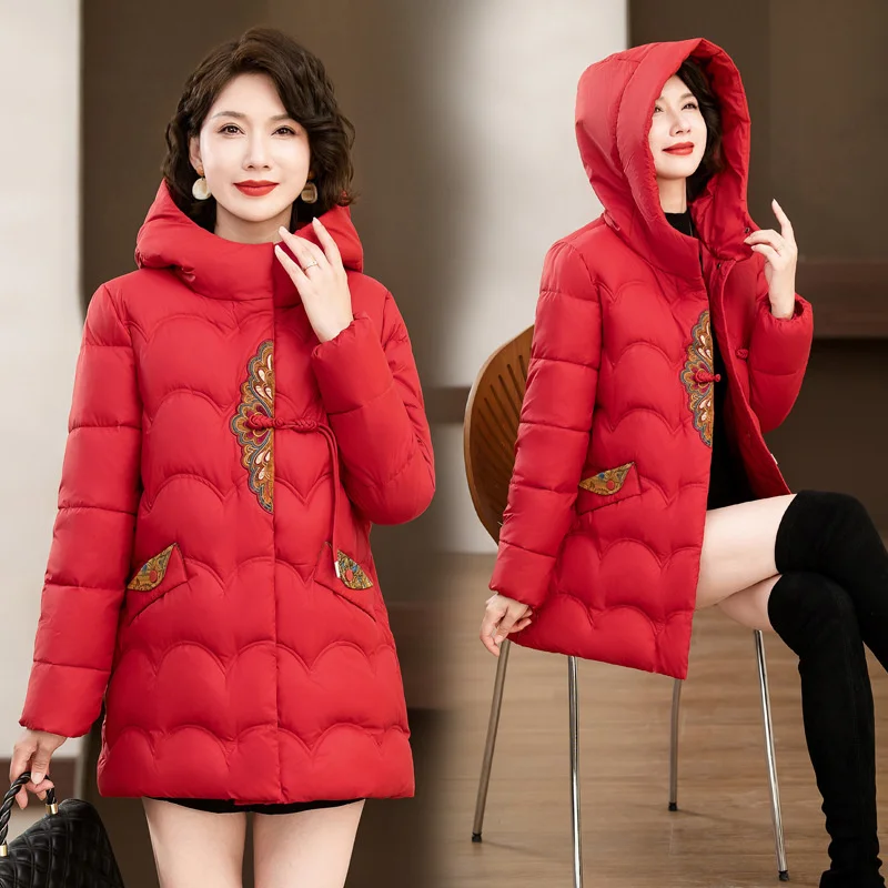 

Winter Coat Women 2024 Fashion Chinese Style Middle Age Mother Clothes Down Cotton Hooded Jacket Casual Warm Thick Outwear Parka