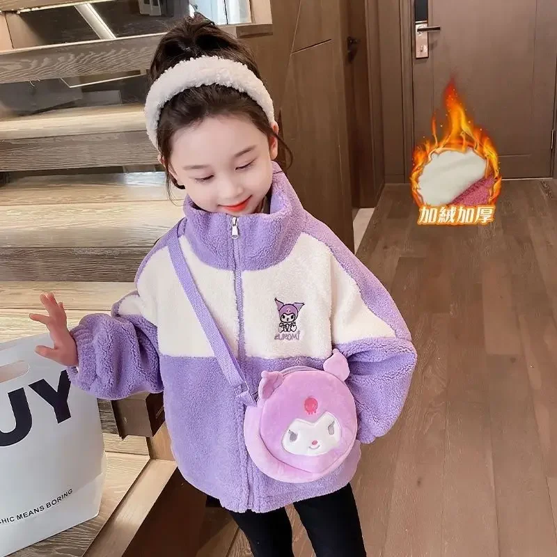 Sweet Kuromi Anime Kawaii  Fleece Coat Autumn Winter Cute Cartoon Sanrio Ins Long Sleeve Jacket Clothing Fashion Gifts for Kids