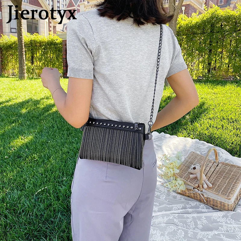 JIEROTYX Womens Crossbody Bags Small Tassel Rivet Shoulder Bag with Chain Strap Purse Pack Handbags for Girls Black White