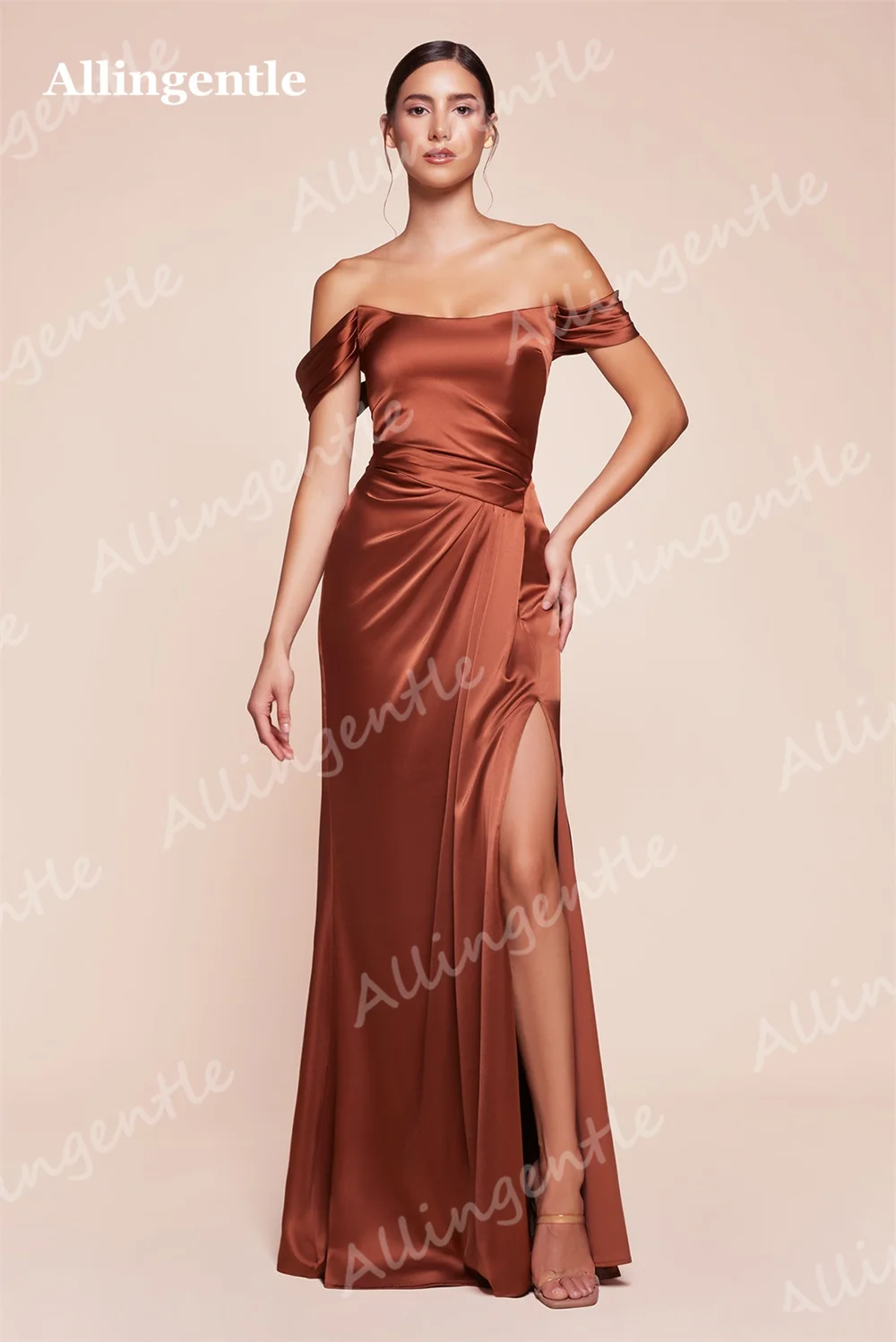 Allingentle Off Shoulder Evening Dresses For Women Mermaid Satin Bridesmaid Dress with Slit Ruched Prom Party Gowns Customized