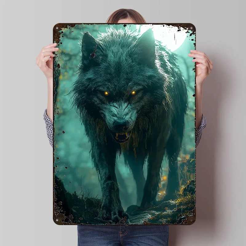 Wolf With Glowing Eyes Printed Posters Customizable Wall Art Retro Vintage Metal Tin Signs for Home Room Mancave Decoration Cozy