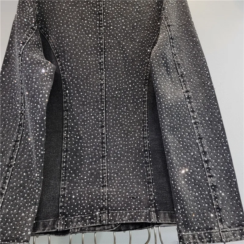 2024 Autumn Black Denim Suit Jacket New Heavy Hot Drilling Full Diamond Blazer Coat Long Sleeve Y2k Coat for Women