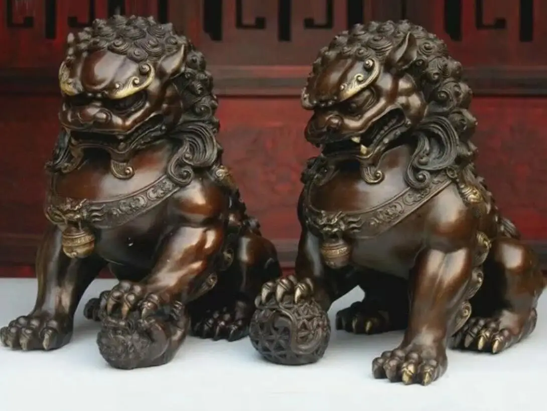 

16cm Pair Feng Shui Classical Bronze Lion Statue Evil Guardian Door Fu Foo dog