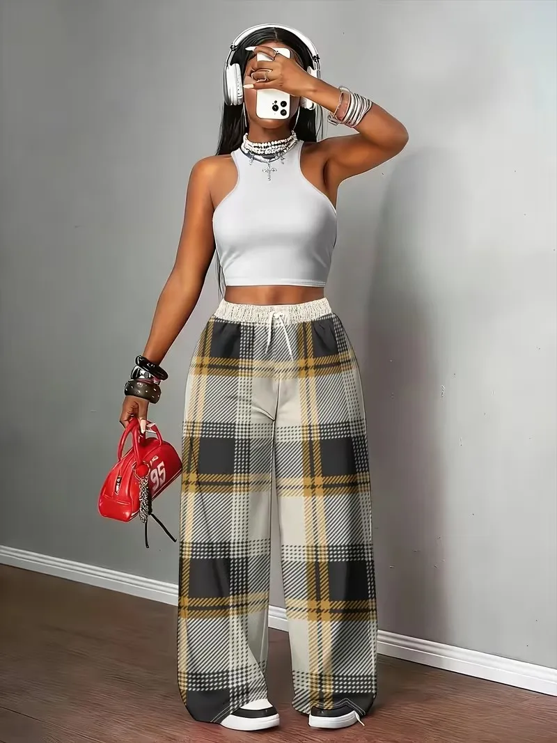 Ladies' Casual Loose Elastic Waist Drawstring Pocket Pants 3D Striped Checkered Printed Straight Leg Pants