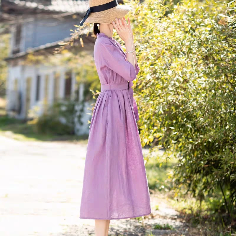 Ele Cotton Lin ort Sve Dr تنورة نسائية طويلة بحزام عالي الخصر لربيع وصيف Faion Lady Sle Midi Dr #2
