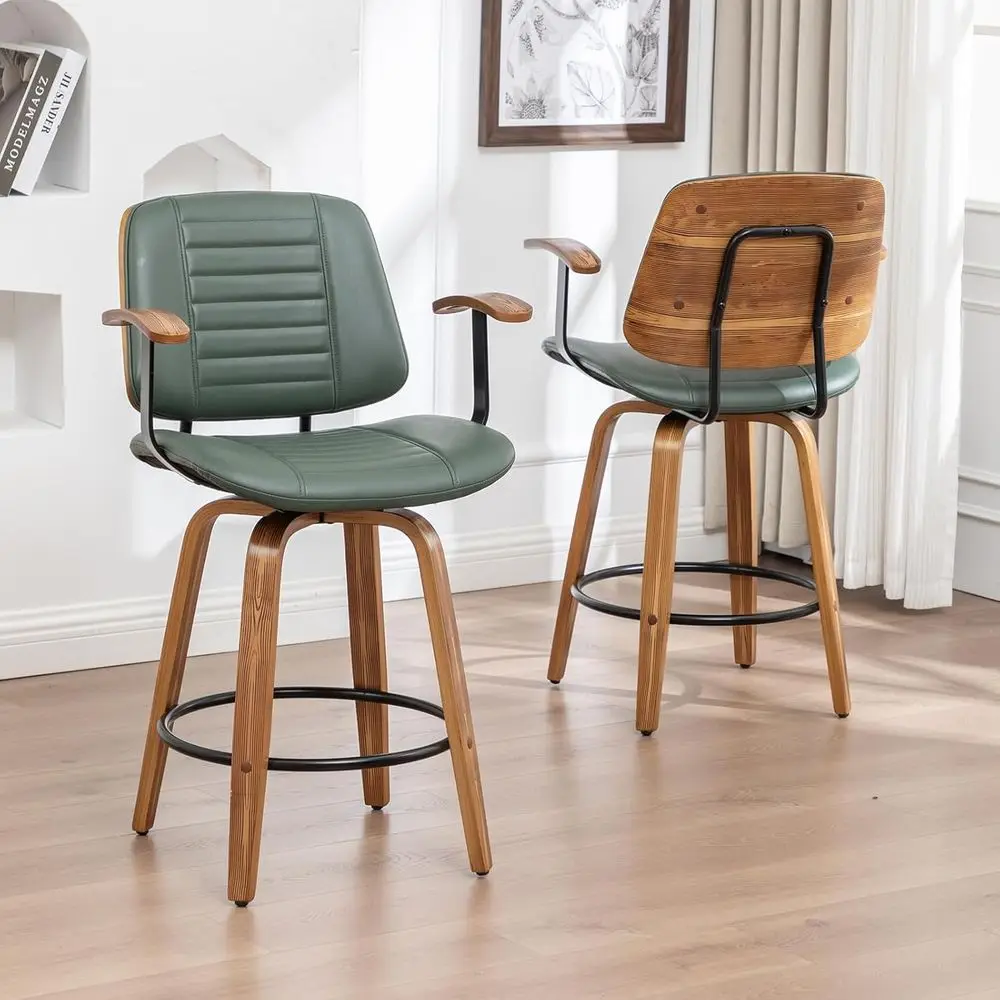 

Зеленые кожаные вращающиеся барные стулья с подлокотниками, комплект из 2 штук, современные стулья для кухонного острова/столовой/кафе