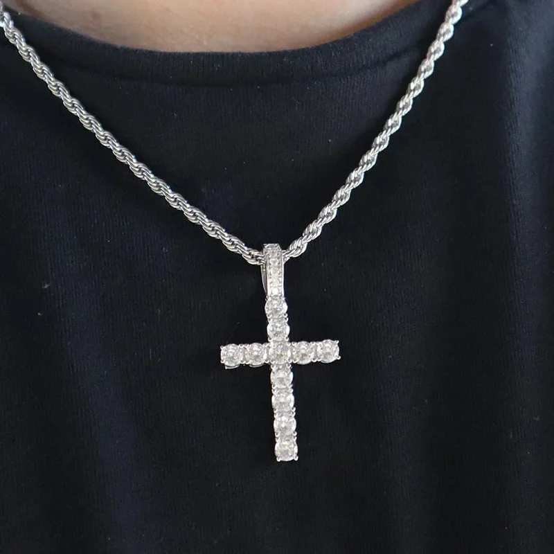 Iced Out Crystal Zircon Cross Pendant Necklace Silver Plated Twisted Chain Necklaces For Men Women