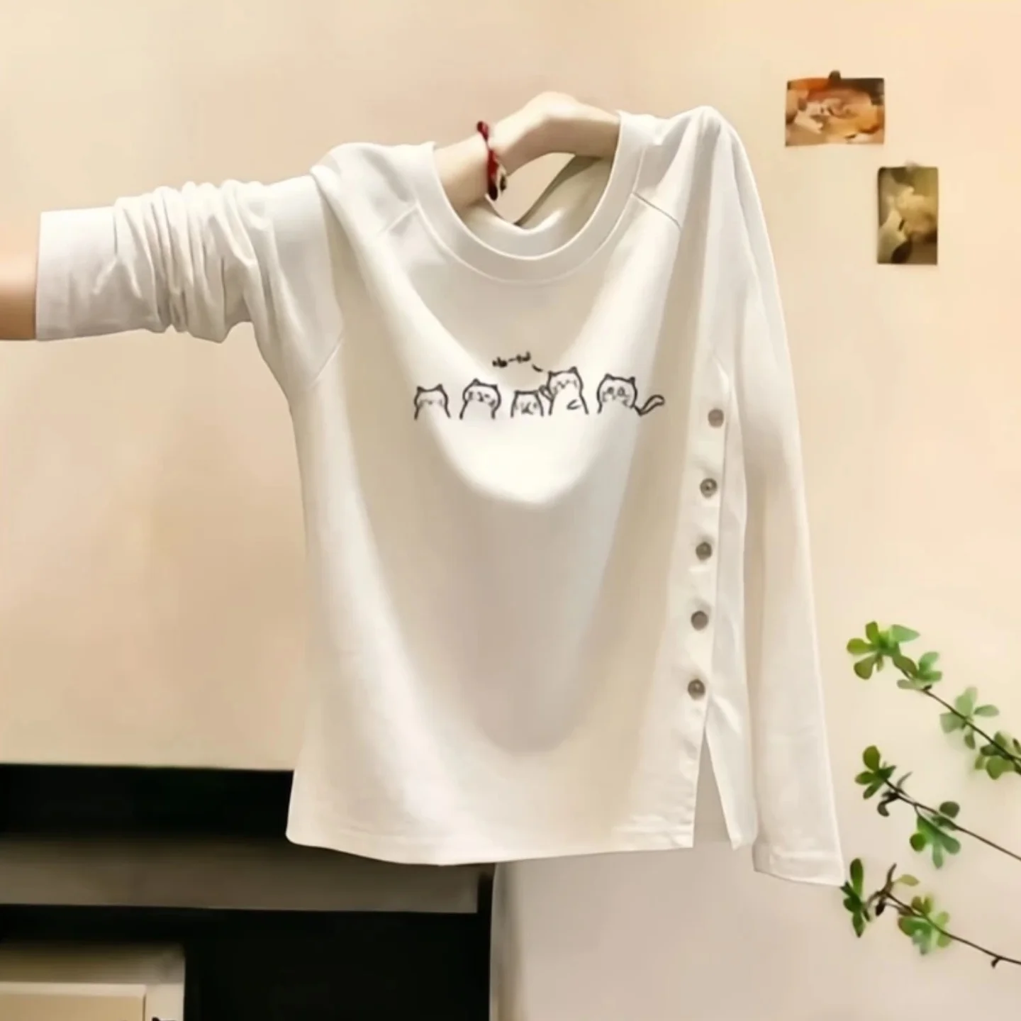 Elegant Beautiful Split Long Sleeve T-Shirt Casual Commute Style Korean Version Polyester Fiber Autumn Season Women's Top