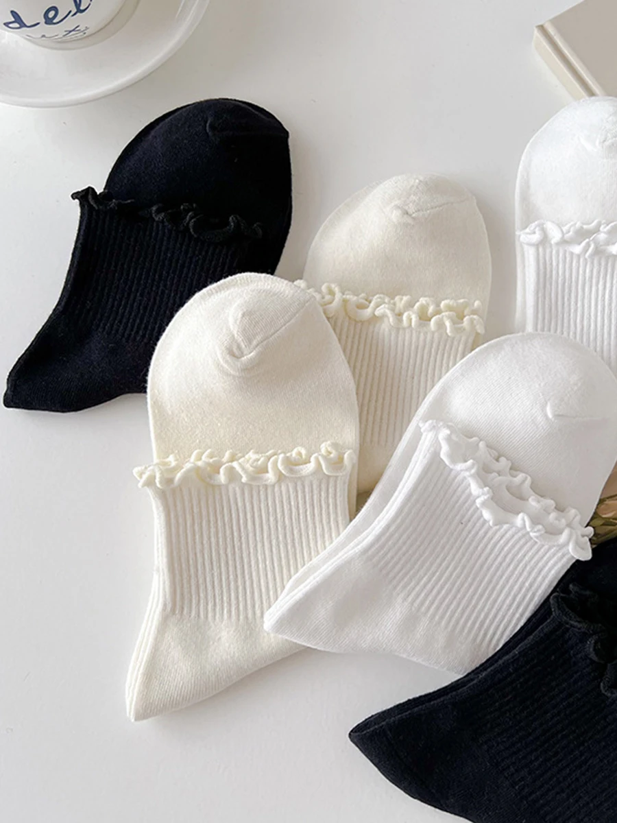 5 Pairs Socks for Women Ruffle Tube Ankle Short Breathable Cuffed Black White Set Spring Autum Soft  Solid Color