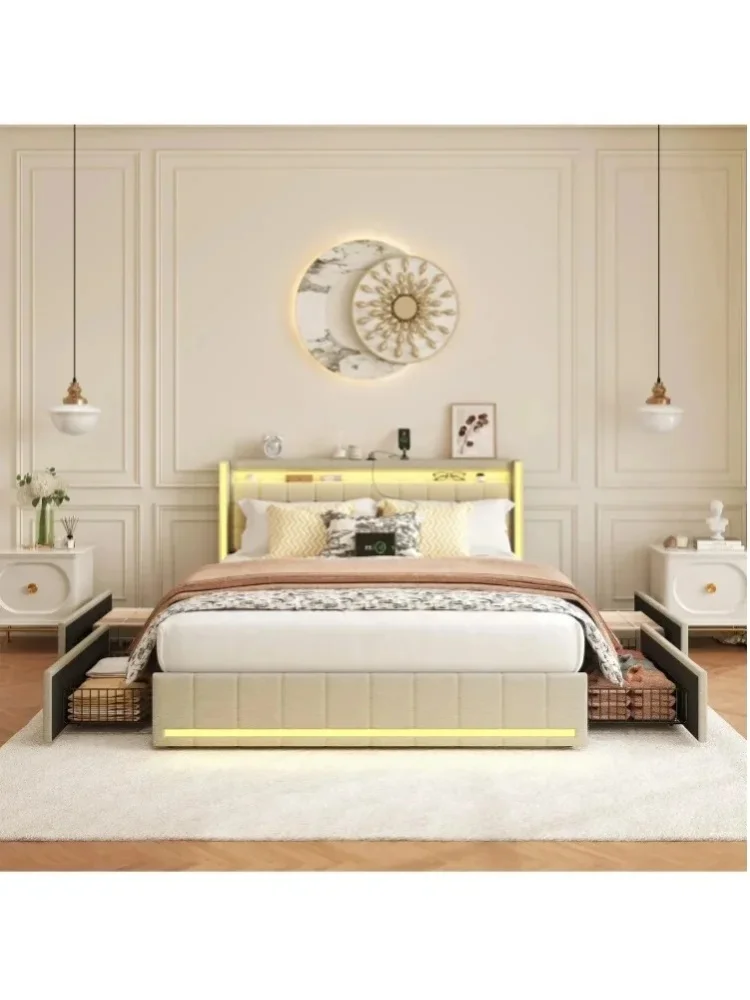 Gepolstertes Bett 140x200cm mit Stauraum, modernes Bettgestell mit Stauraum und LED-Beleuchtung, gepolstertes Plattformbett mit 4 großen Schubladen und Ladestation, modernes Einzel- oder Doppelbett
