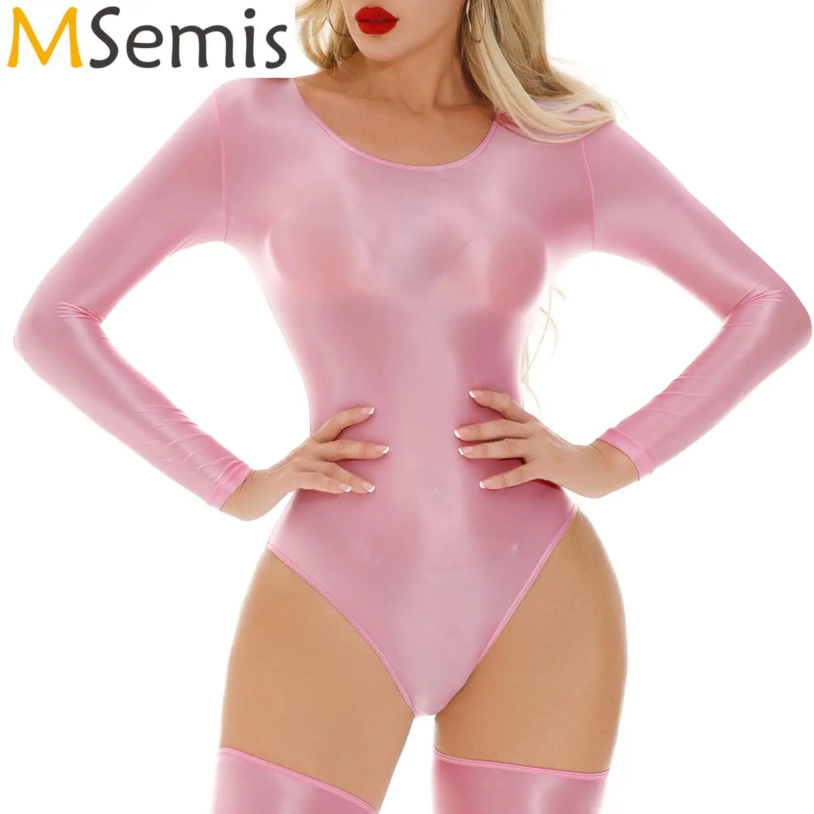 

Women's Swimsuit One Piece Oil Stretchy Round Neck Leotard Bodysuit Swimwear Costume Gym Fitness Glossy Smooth Bathing Suit