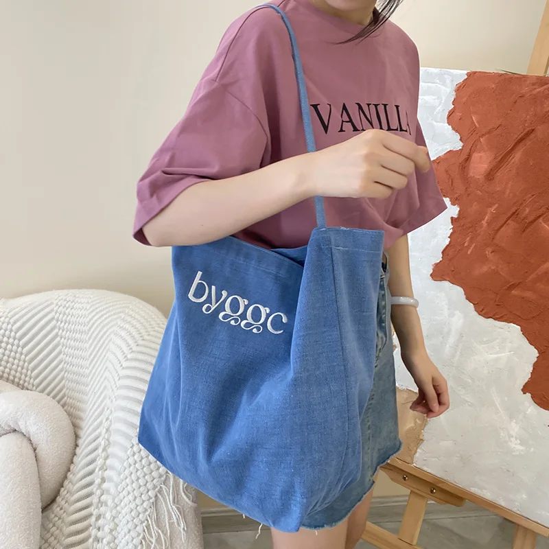 

Original Design Fashion Tote Cloth Bag Women 2024 New Double-sided Denim One-shoulder Student Bag With Everything