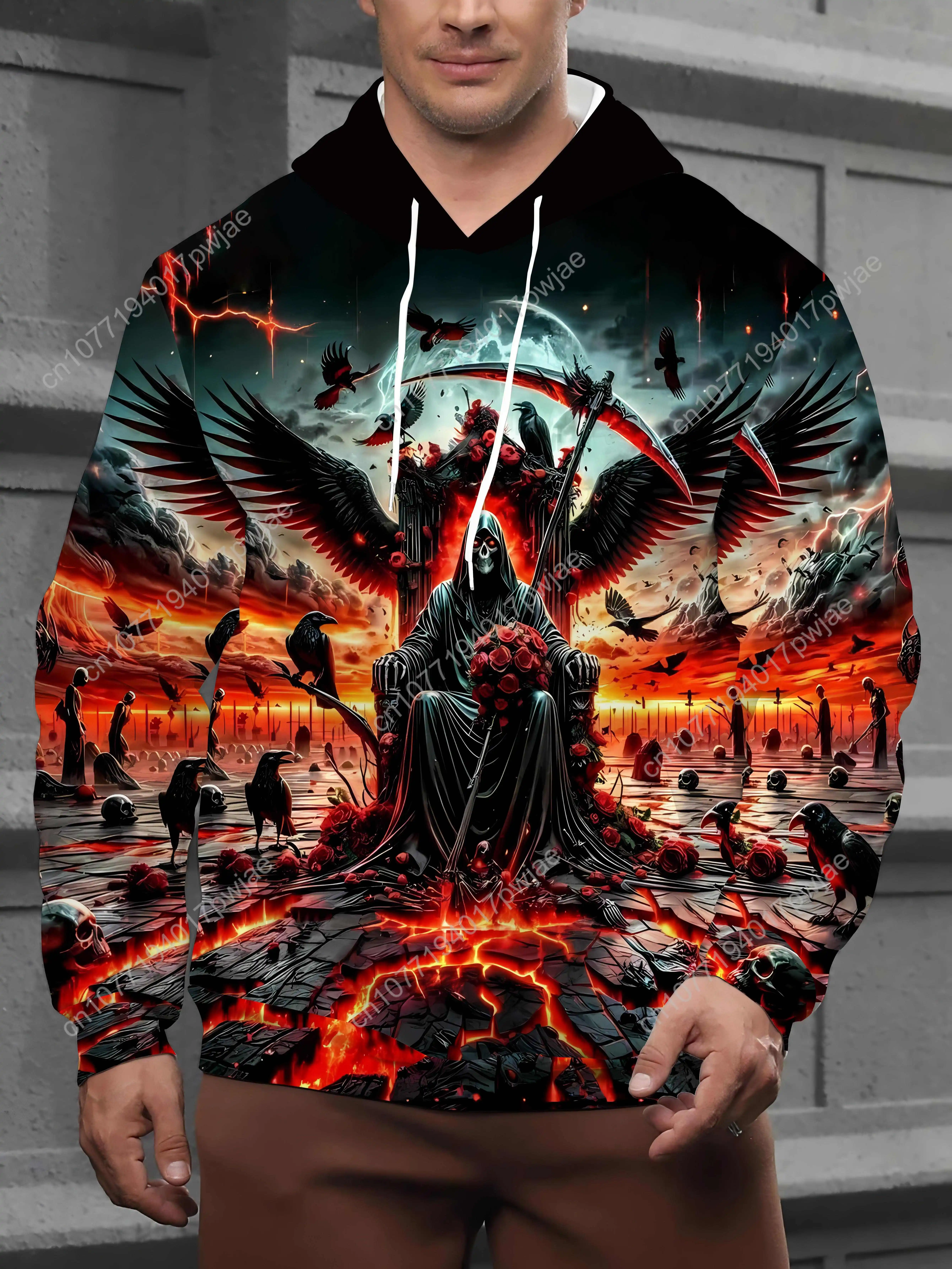 Moletom casual plus size com estampa 3D Grim Reaper – pulôver com bolso canguru, capuz com cordão para outono e inverno