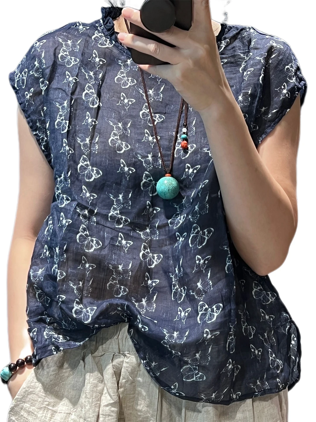 レトロな花柄プリントリネンスウェットシャツ女性夏ルーズスリムカジュアル薄い綿麻小さなトップアッパーアパレル