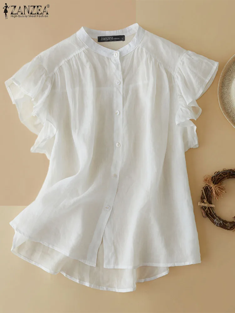 ZANZEA Women Sweety Blouse 2024 Summer White Ruffle Short Sleeve Tops Shirt Stand Collar Female Party Tunic Luxury Chic Blusas