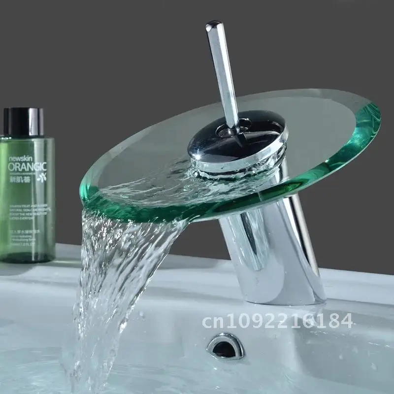 Brass Glass Single Bathroom Faucet Basin Faucet Waterfall Mixer Bathroom Hole Handle Dual Tap Single Cold&Hot Control