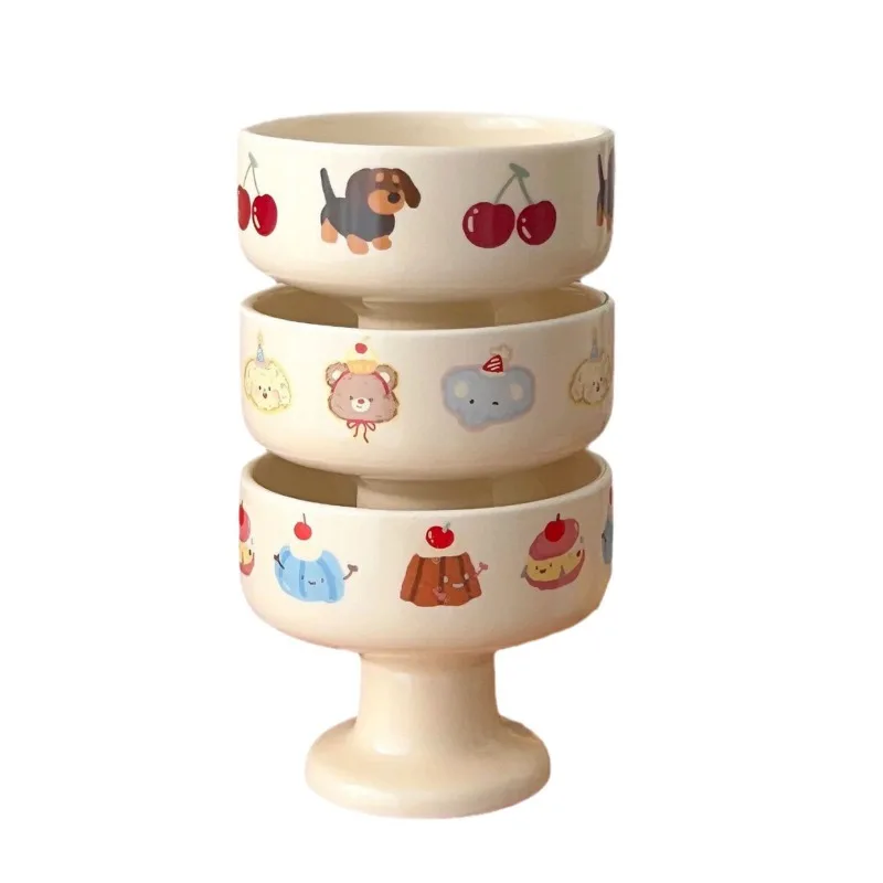 

Korean Cream Style Ceramic Goblet Cartoon Matte Ice Cream Bowl Household Fruit Salad Bowl