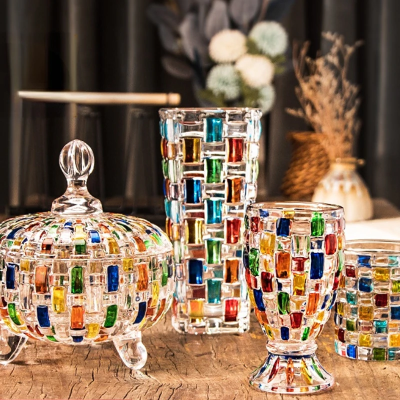 

European-style Hand-painted Stained Glass Candy Jar Woven Pattern Fruit Bowl Contrast Vase Painted Juice Cup Whiskey Glass