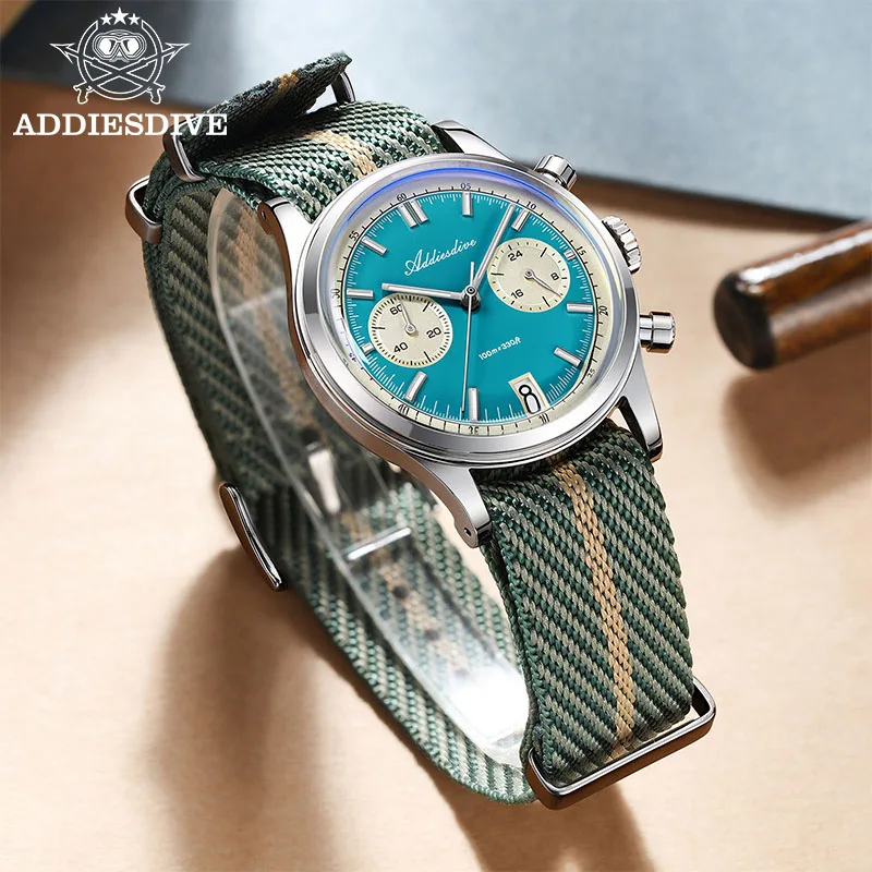 ADDIESDIVE AD2095 Jam Tangan Chronograph Pria BGW9 Super Luminous 10Bar Tahan Air Logo Kustom VK64 Jam Tangan Baja Kuarsa