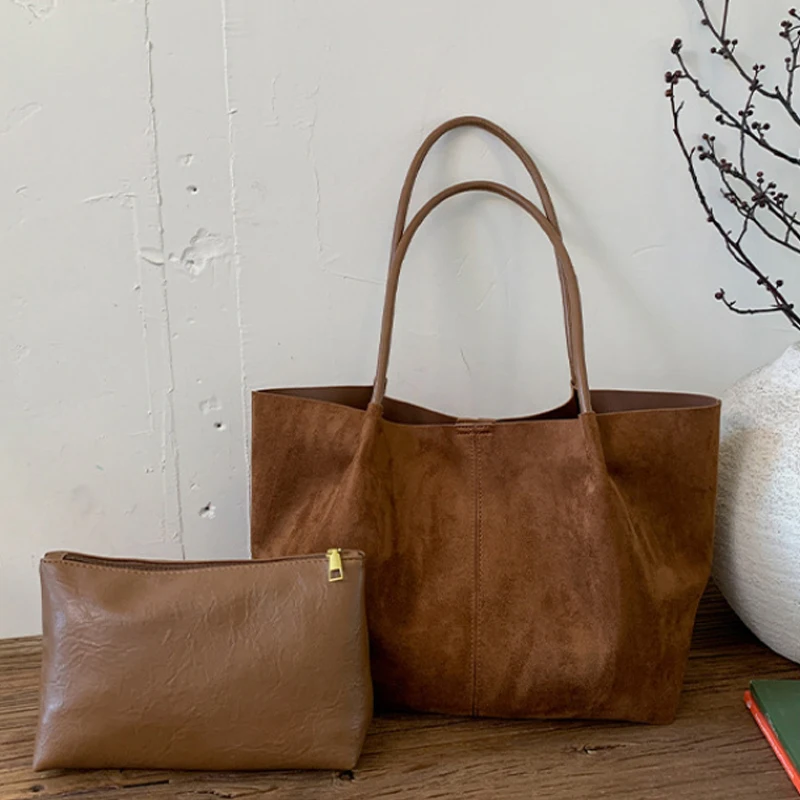Suede Tote Bag Large Capacity Shoulder Bag Casual Commuter Handbag Trendy Daily Work Bag Minimalist Solid Color Top Handle Bag