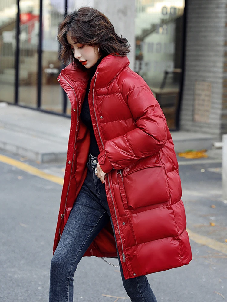 Pop Women Down Cotton Coat Winter Nice Fashion Stand Collar Solid Color Medium Long Straight Loose Thick cotton-padded Jacket