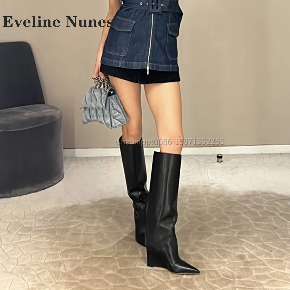 

Pleated Wedges Knee High Boots Spicy Girl Pull On Women Booties Autumn Pointed Toe Height Increasing Solid Splicing Sexy Booty