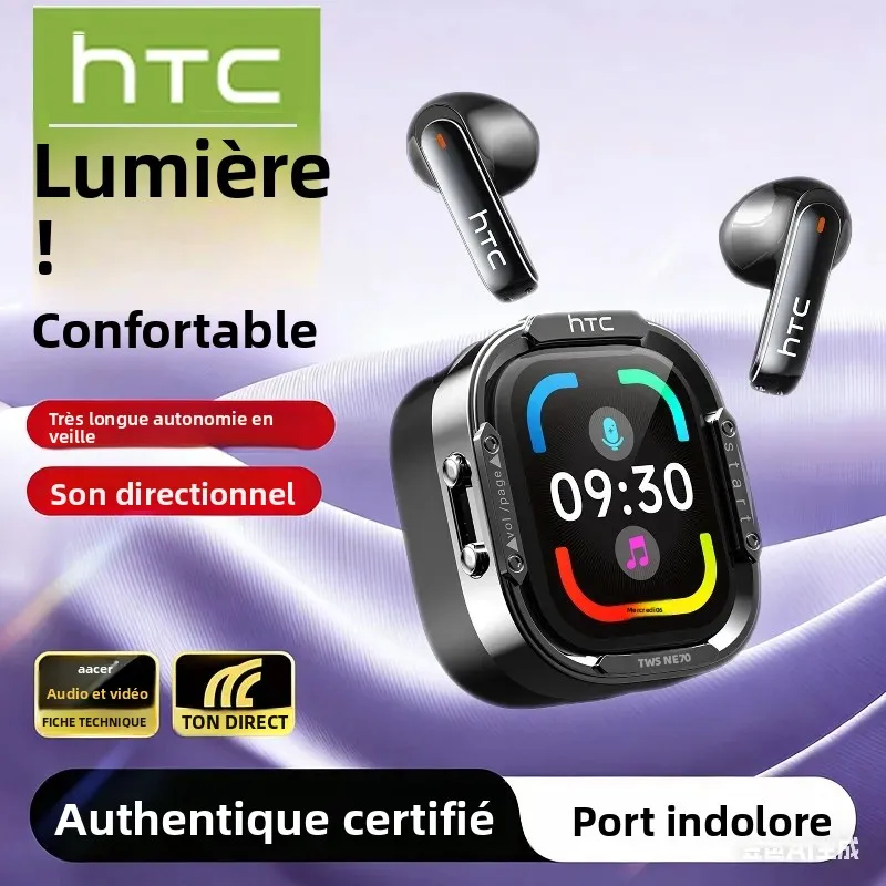 Écouteurs Bluetooth HTC NE70 à écran tactile TWS intra-auriculaires sans fil avec traducteur IA, réduction de bruit et fonction gaming
