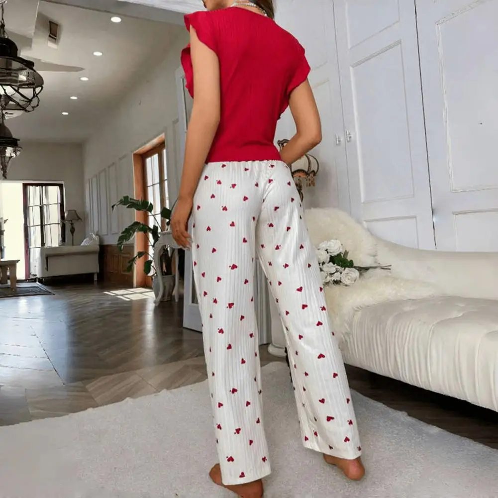 

Soft Breathable Pajamas Spring Autumn Pajamas Cozy Heart Print Pajama Set for Women Crewneck Ruffle Cap Sleeve Sleepwear Soft