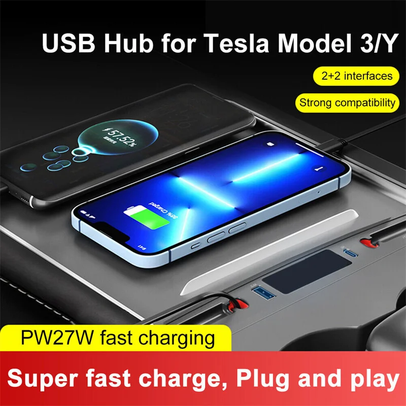 For Tesla Model 3 Y 2021 2022 27W Quick Charger Docking Station USB LED Shunt Hub Extension Center Console Smart Sensor