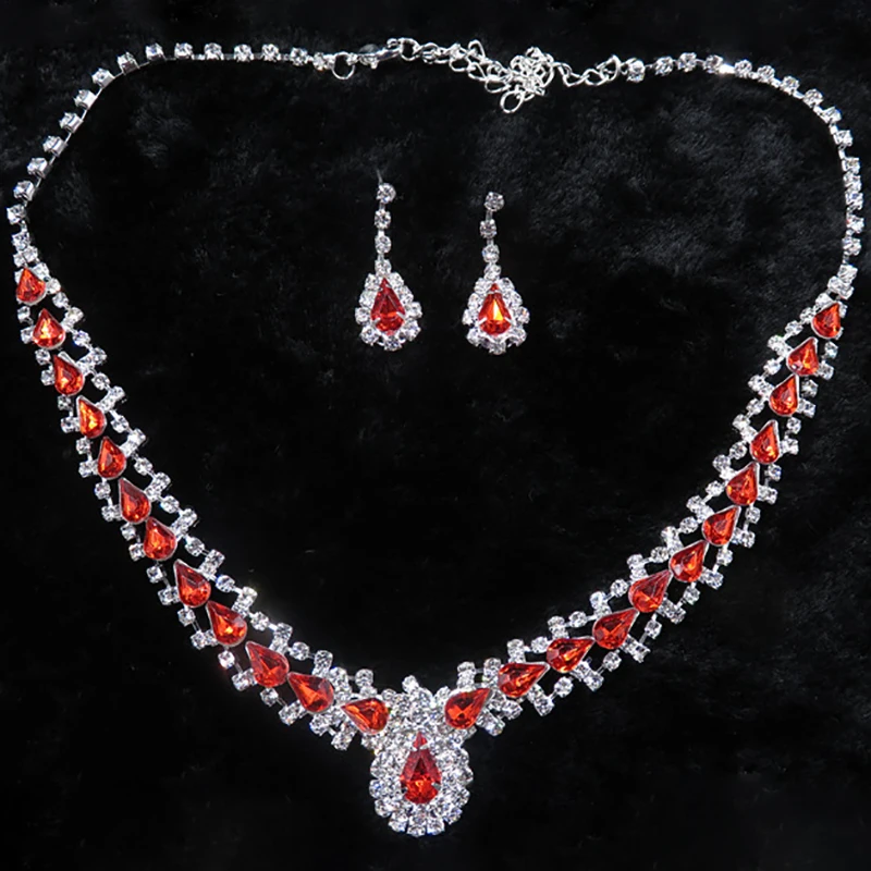 Fashion Red Crystal Women Prom Wedding Jewelry Set Decorations Rhinestone Tassel Necklace Earrings Bridal Jewelry Set